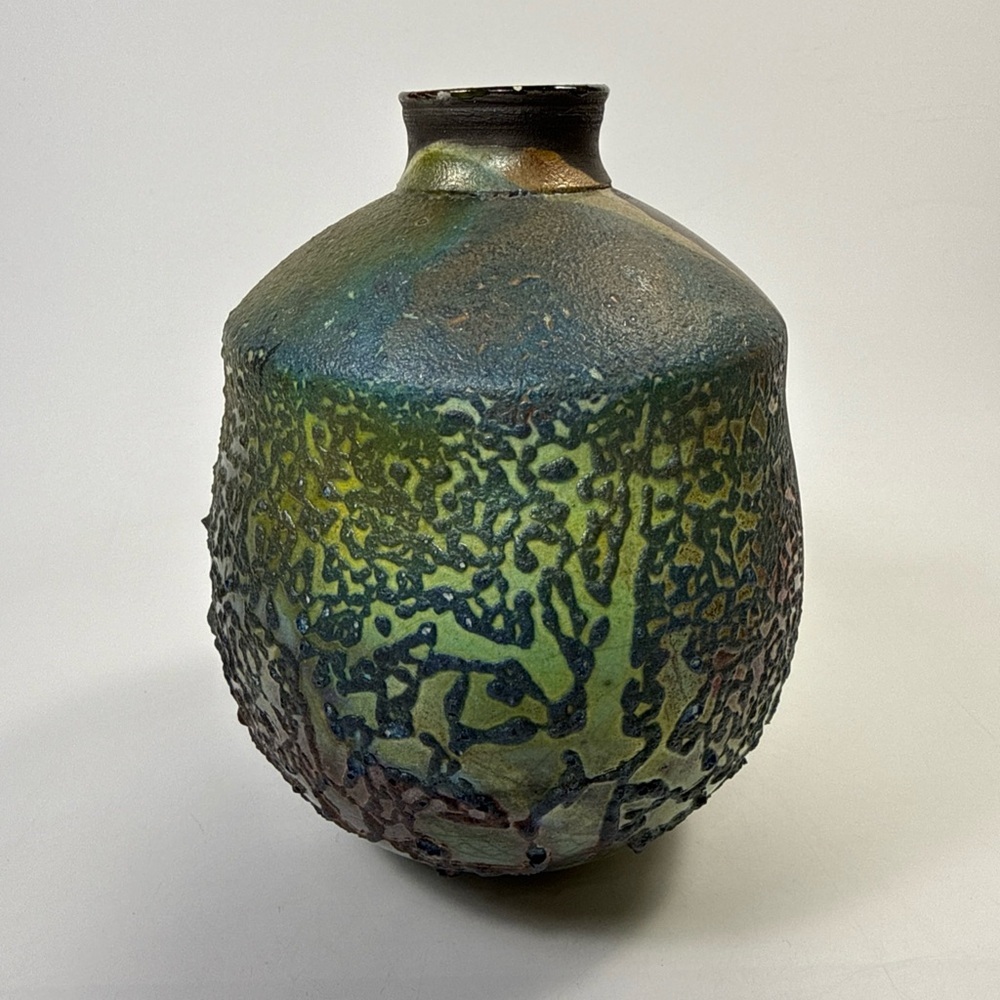 Raku pottery vase fat lava Irredescent green blue  artist signed Larry Aguilar
